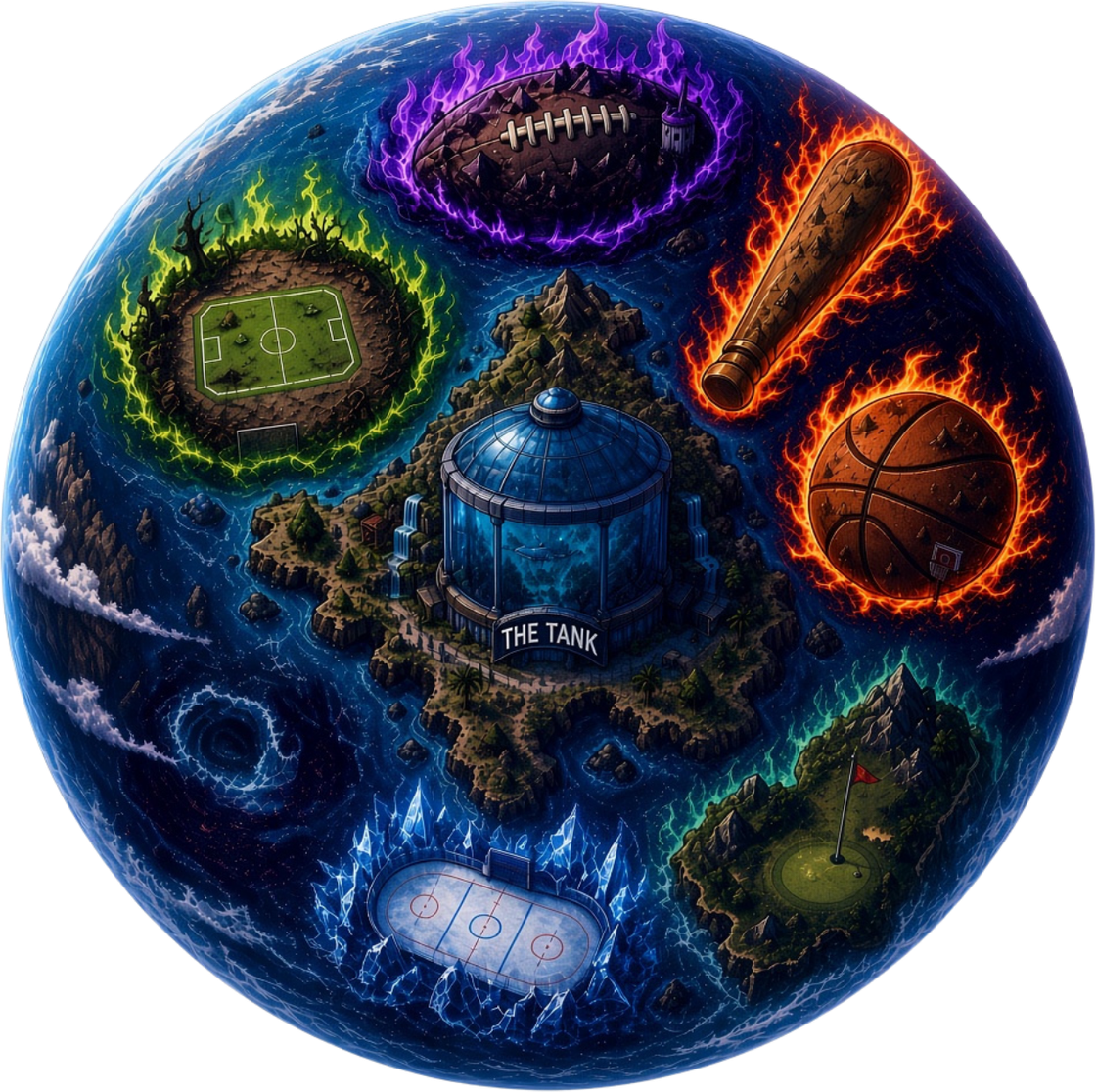 Illustrated planet of the Heatchecks sports world, with themed islands for soccer, football, baseball, basketball, hockey, and golf surrounding the central Tank dome